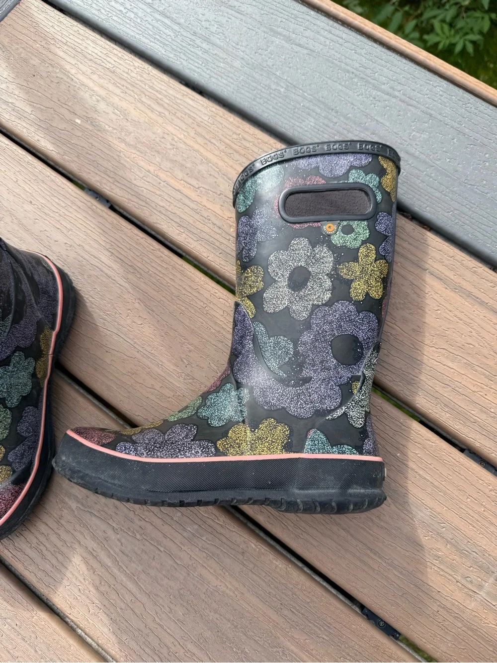 Bogs Kids Black Rain Boots with Multicolor Flowers